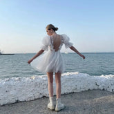 Ramanda V-Neck Short Simple Wedding Dress For Women A-Line Organza Modern Bridal Gown Puff Sleeves Backless Robe De Mariée